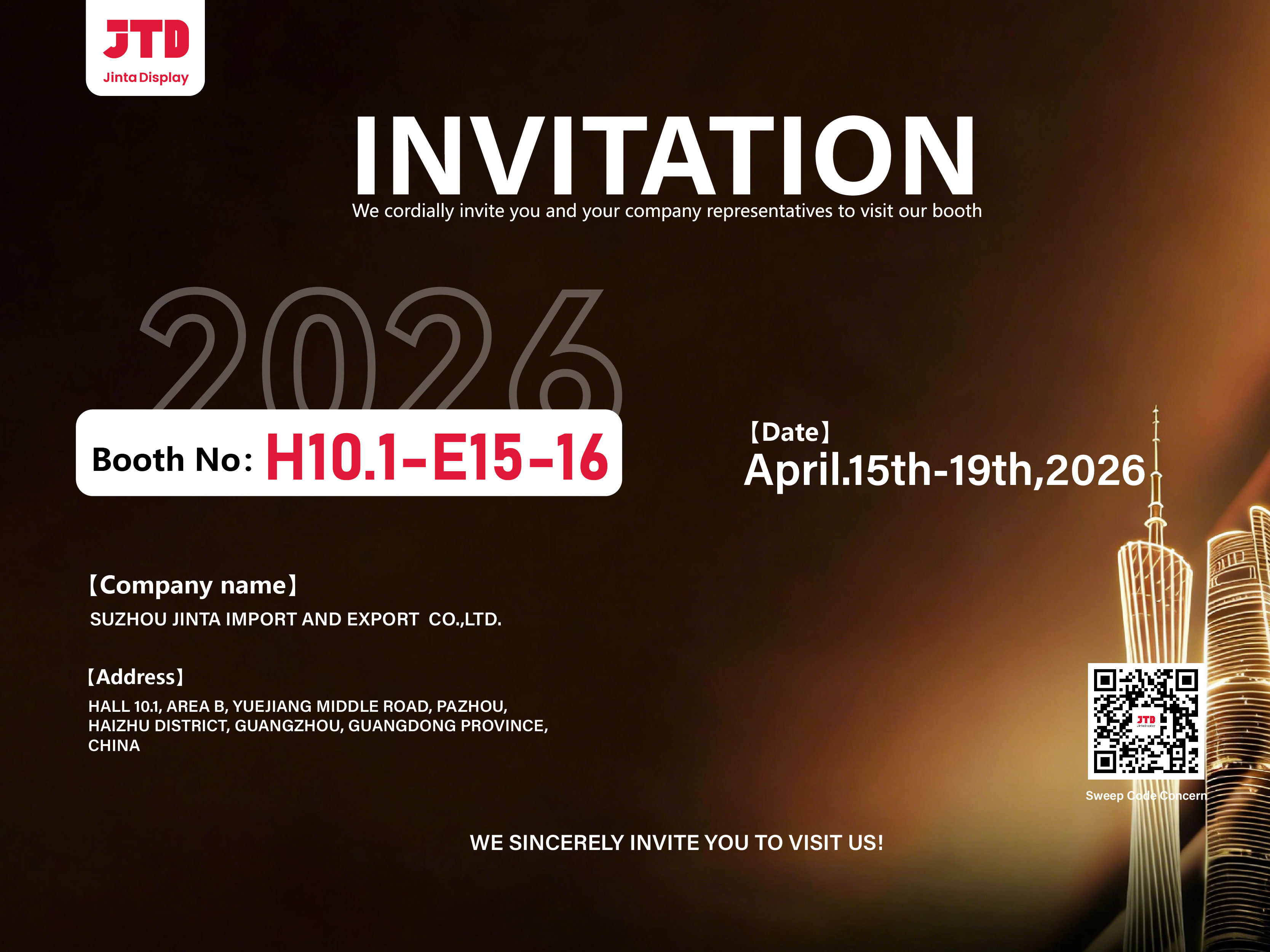 Latest company blogs about Suzhou Jinta Import & Export Co., Ltd. sincerely invites you to visit our booth at the 139th Canton Fair. 