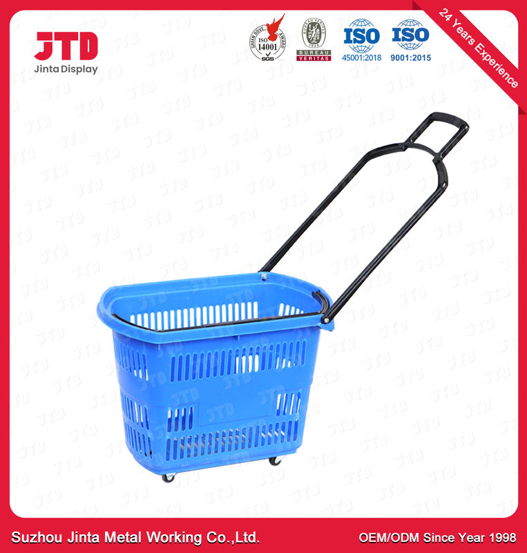 Blue Plastic Shopping Trolley Baskets 60L Supermarket Basket With Wheels