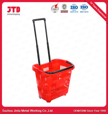 60L Plastic Rolling Shopping Basket HDPP Shopping Basket On Wheels With Pull Handle