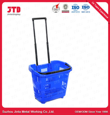 60L Plastic Rolling Shopping Basket HDPP Shopping Basket On Wheels With Pull Handle